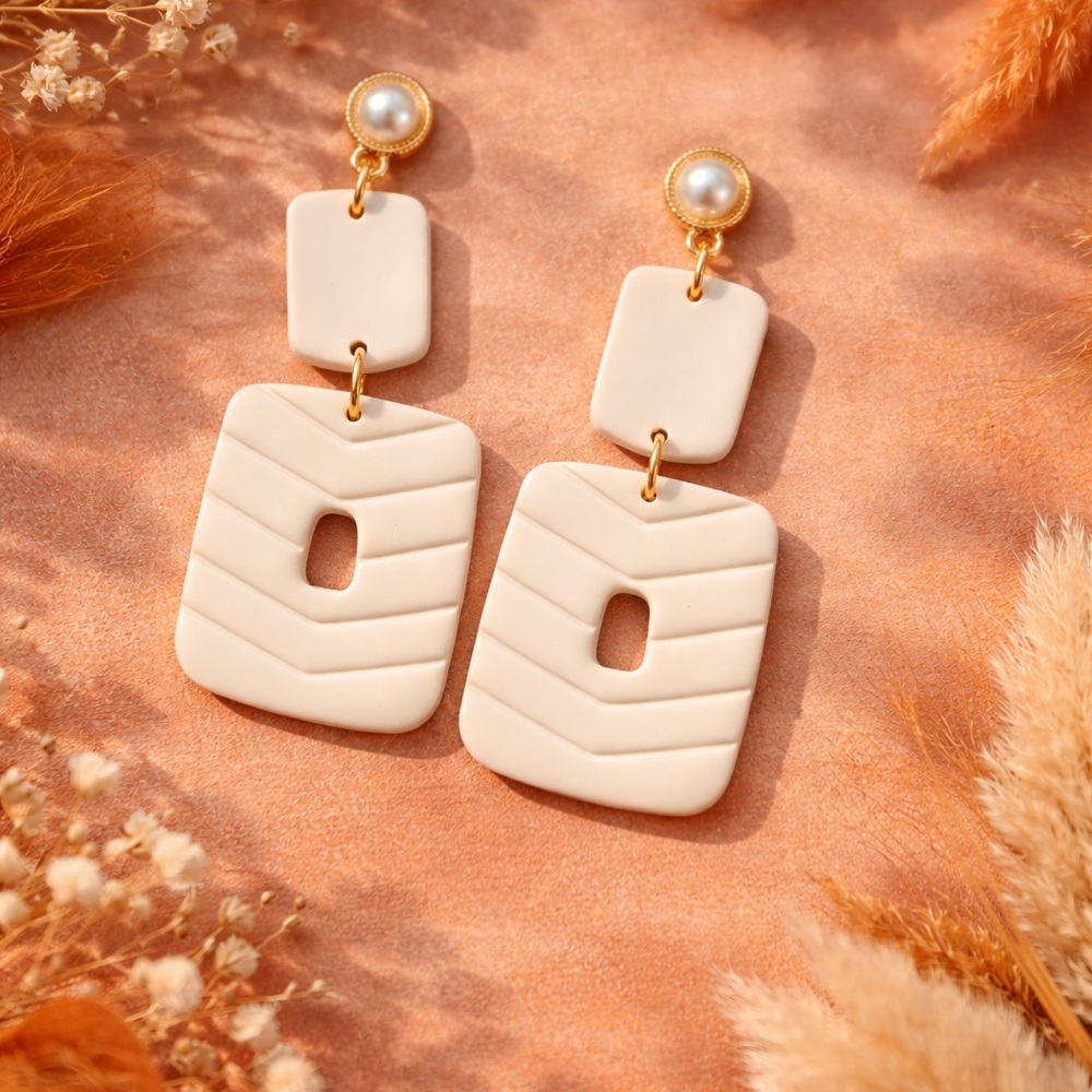 Pearl Top Cream Geometric Handmade Polymer Clay Dangle Earrings